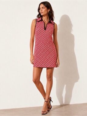 Zara Textured Jacquard Red Cream Geometric Collared Shift Dress